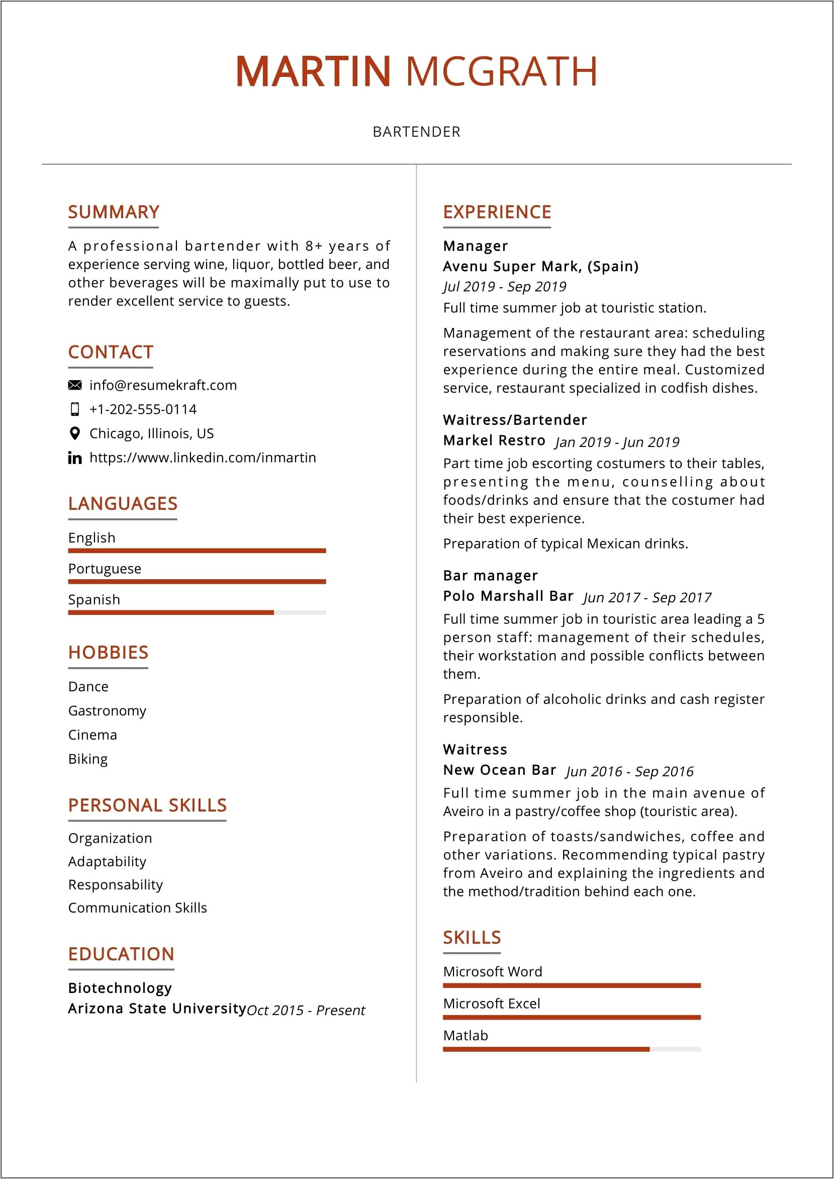 Sample Objective For Bartender Resume