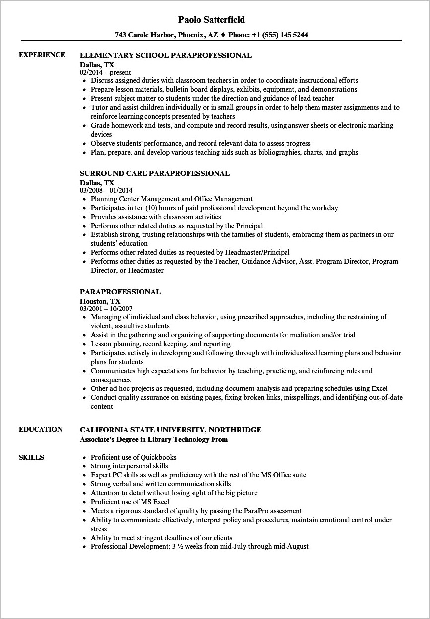 Sample Objectives For Paraprofessional Resume