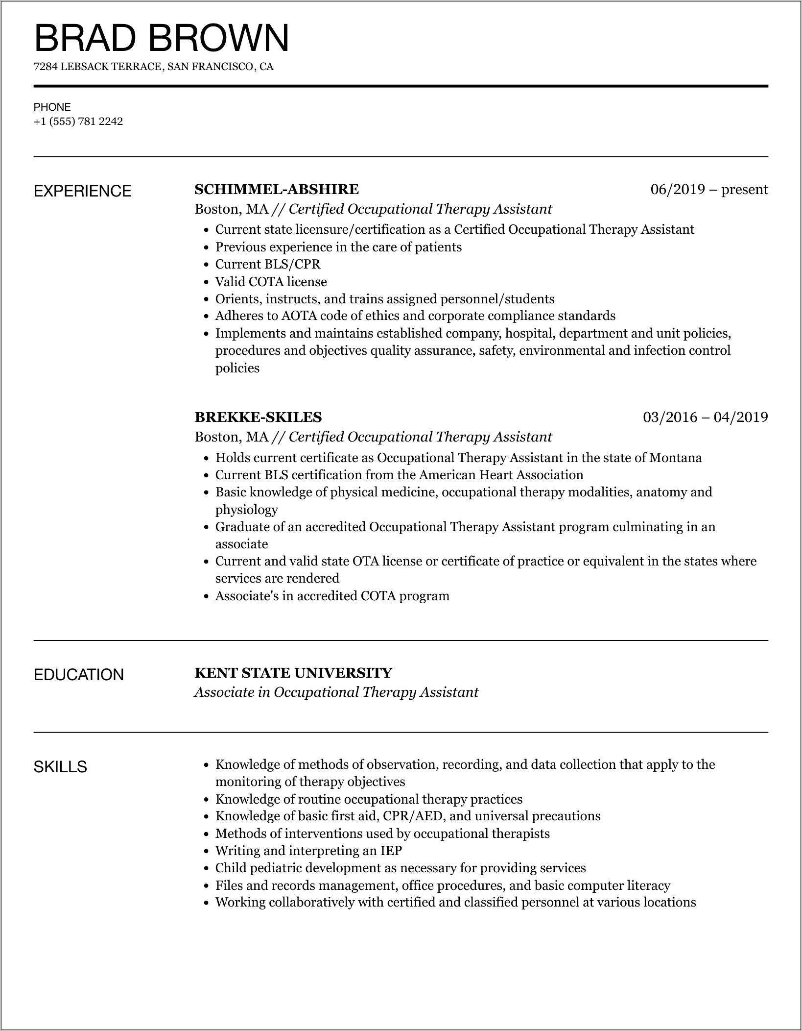Sample Occupational Therapist Assistant Resume
