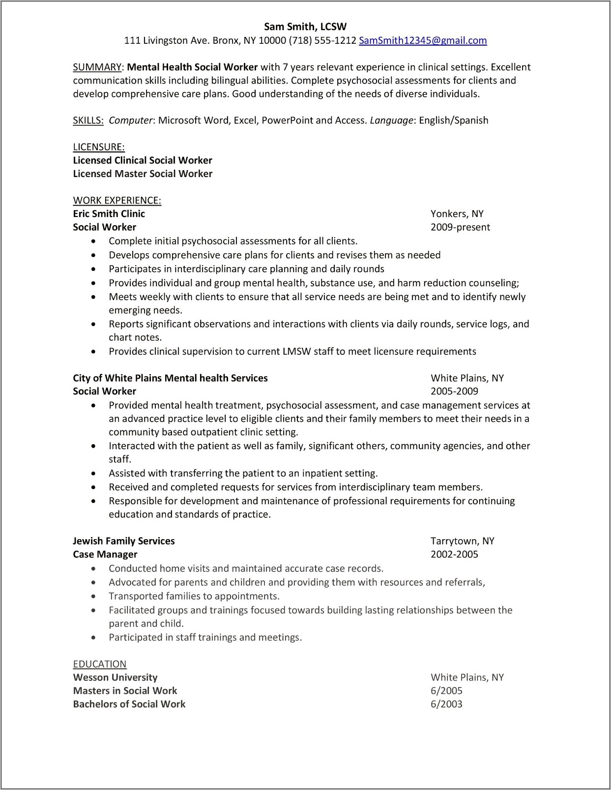 Sample Of Behavioral Health Resume