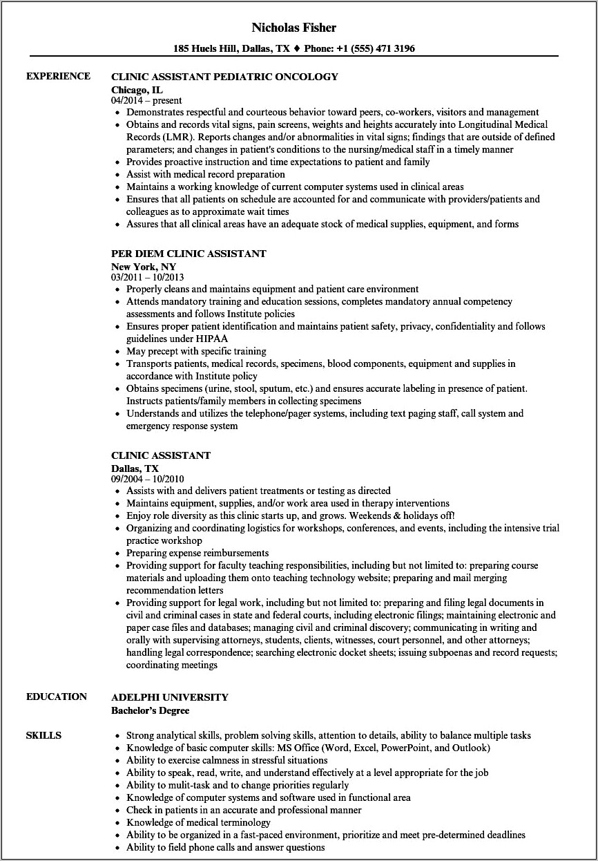Sample Of Clinic Aide Resume