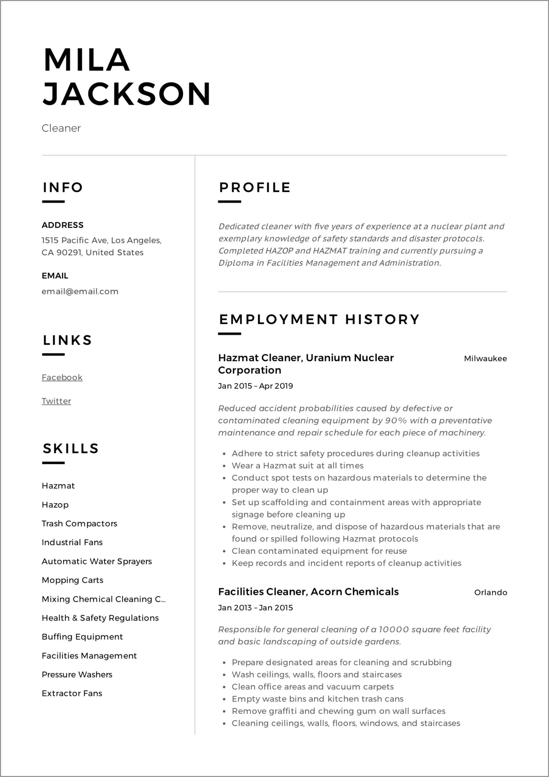 Sample Of House Cleaning Resume