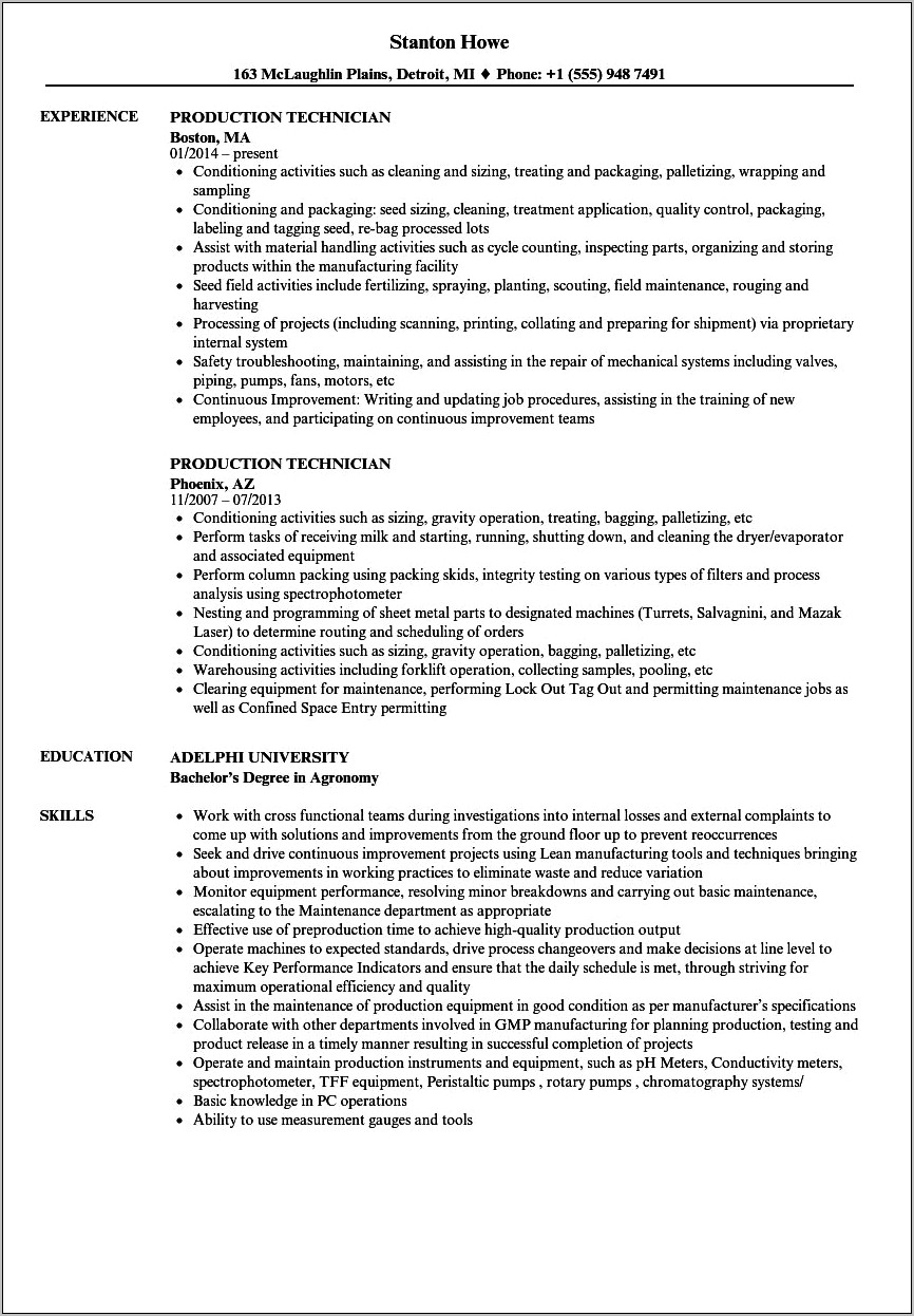 Sample Of Production Technician Resume