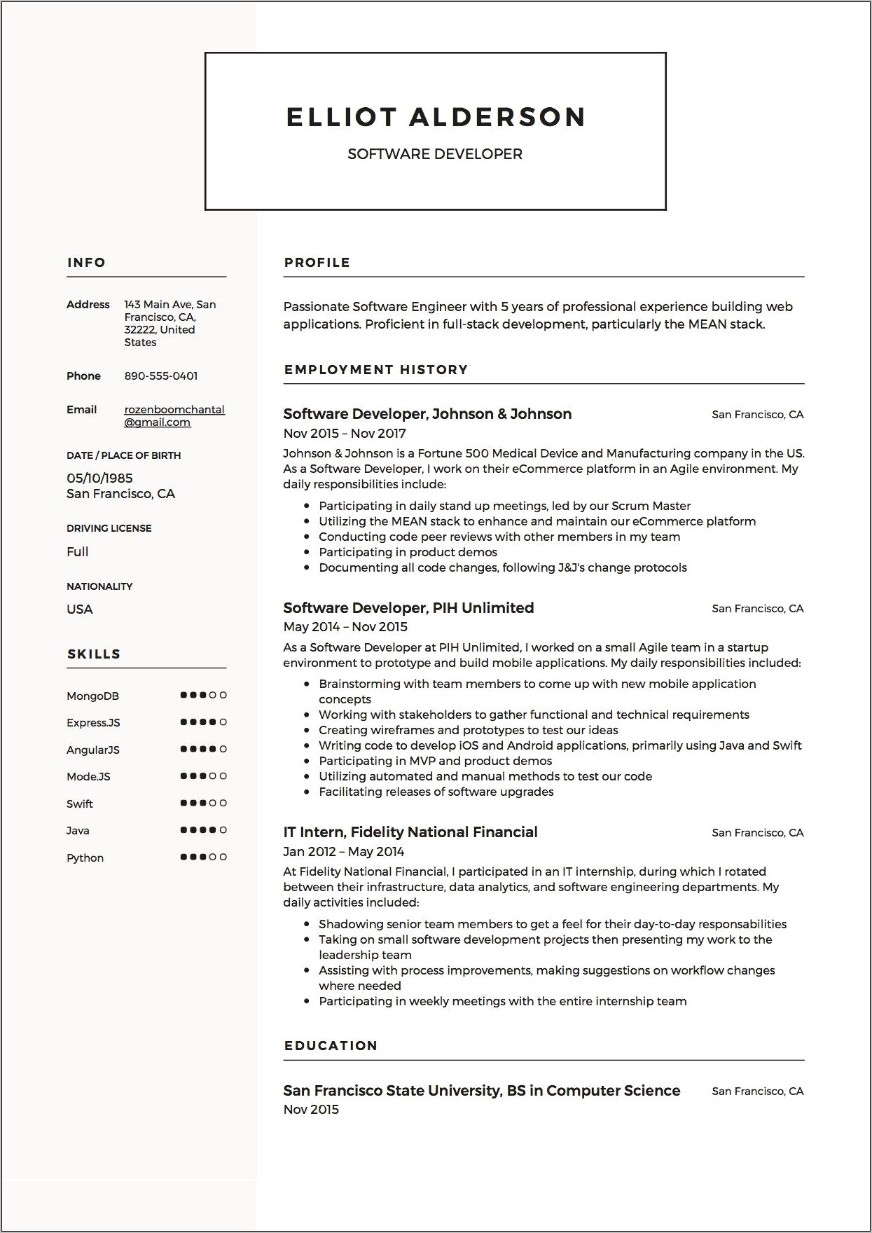 Sample Of Software Developer Resume
