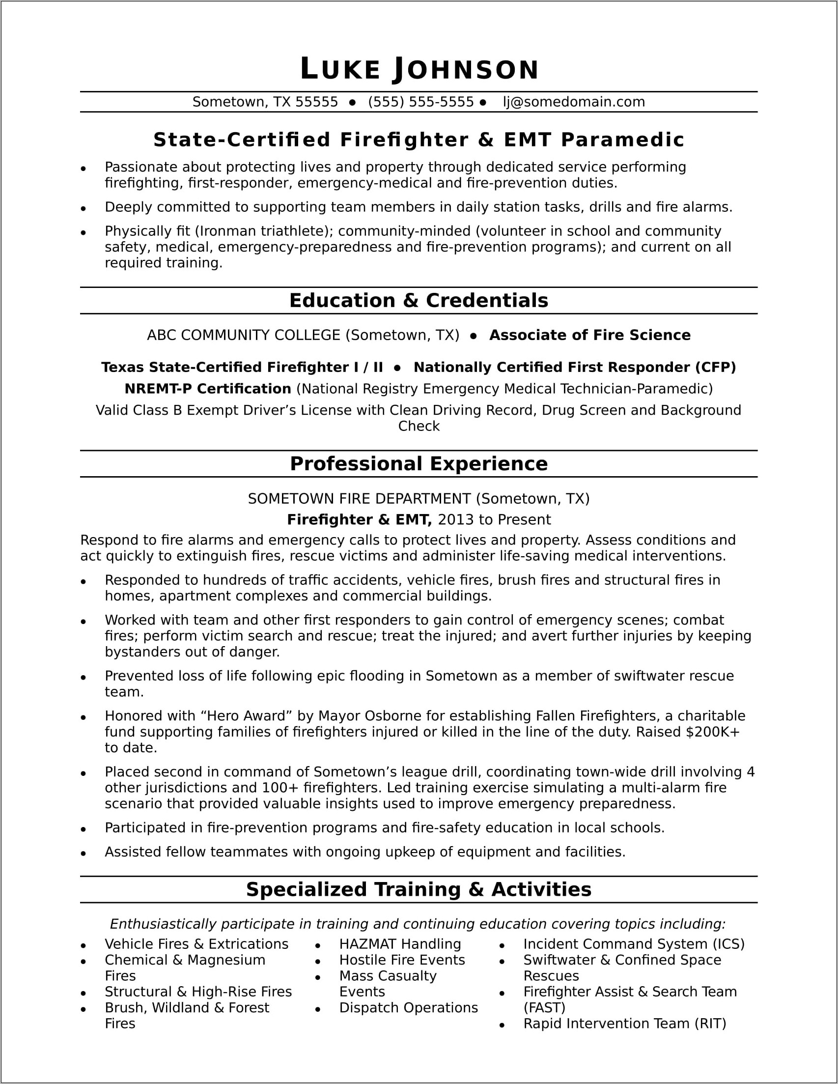Sample Profile For Firefighter Resume