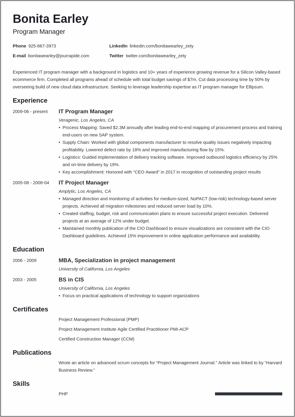 Sample Project Management Resume Objectives