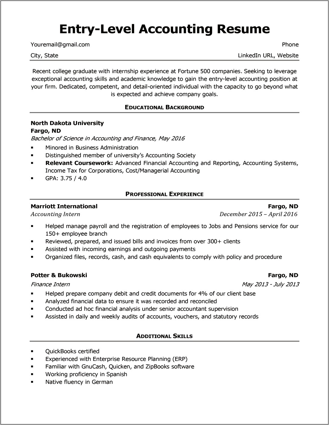Sample Resume Accounting No Experience