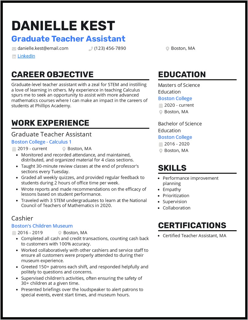 Sample Resume Assistant Preschool Teacher