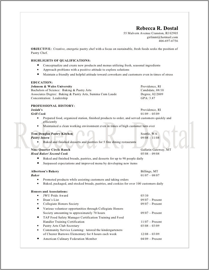 Sample Resume Baking And Pastry