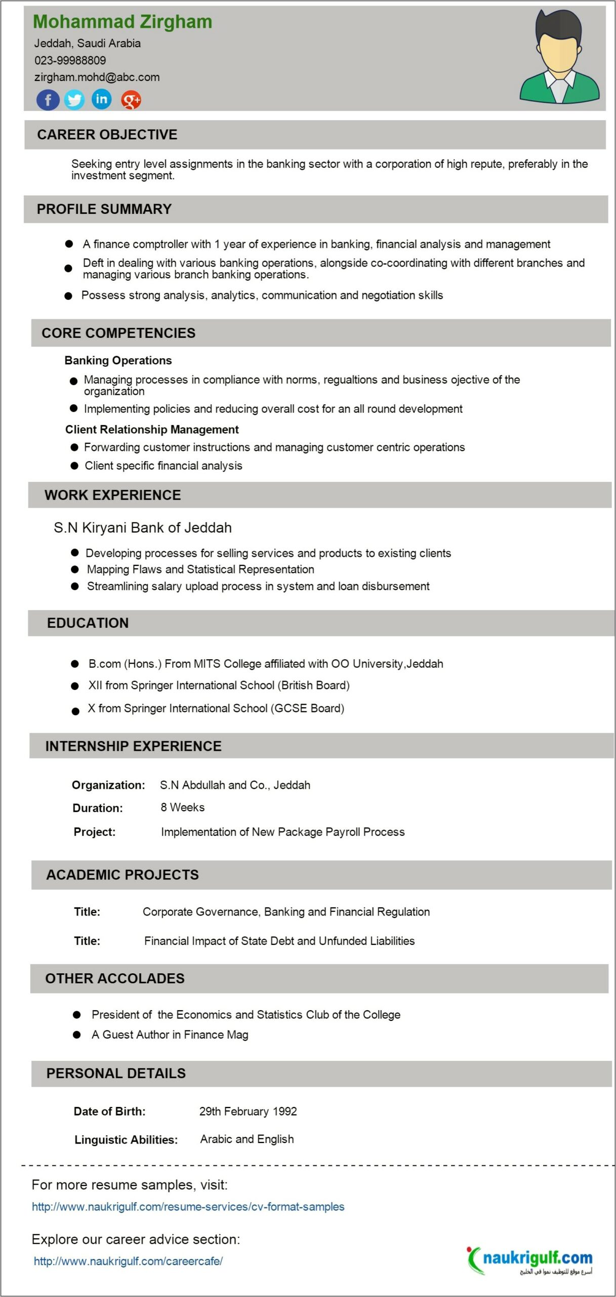 Sample Resume Banking And Finance