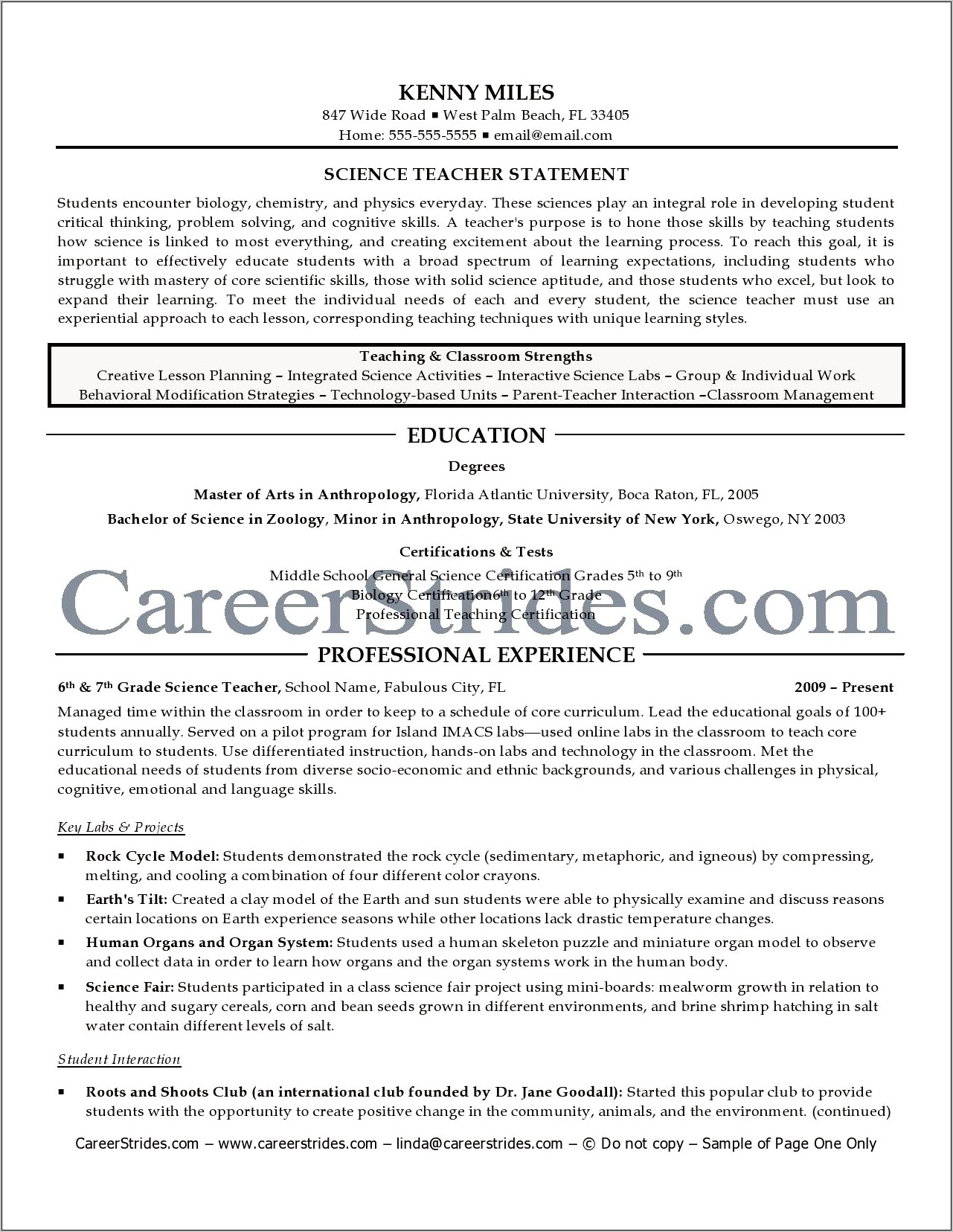 Sample Resume Career Change Teacher