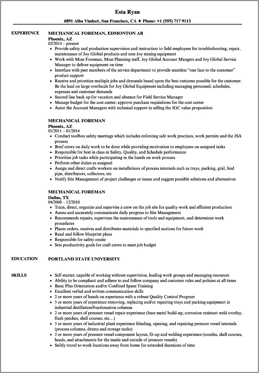 Sample Resume Civil Foreman Cv