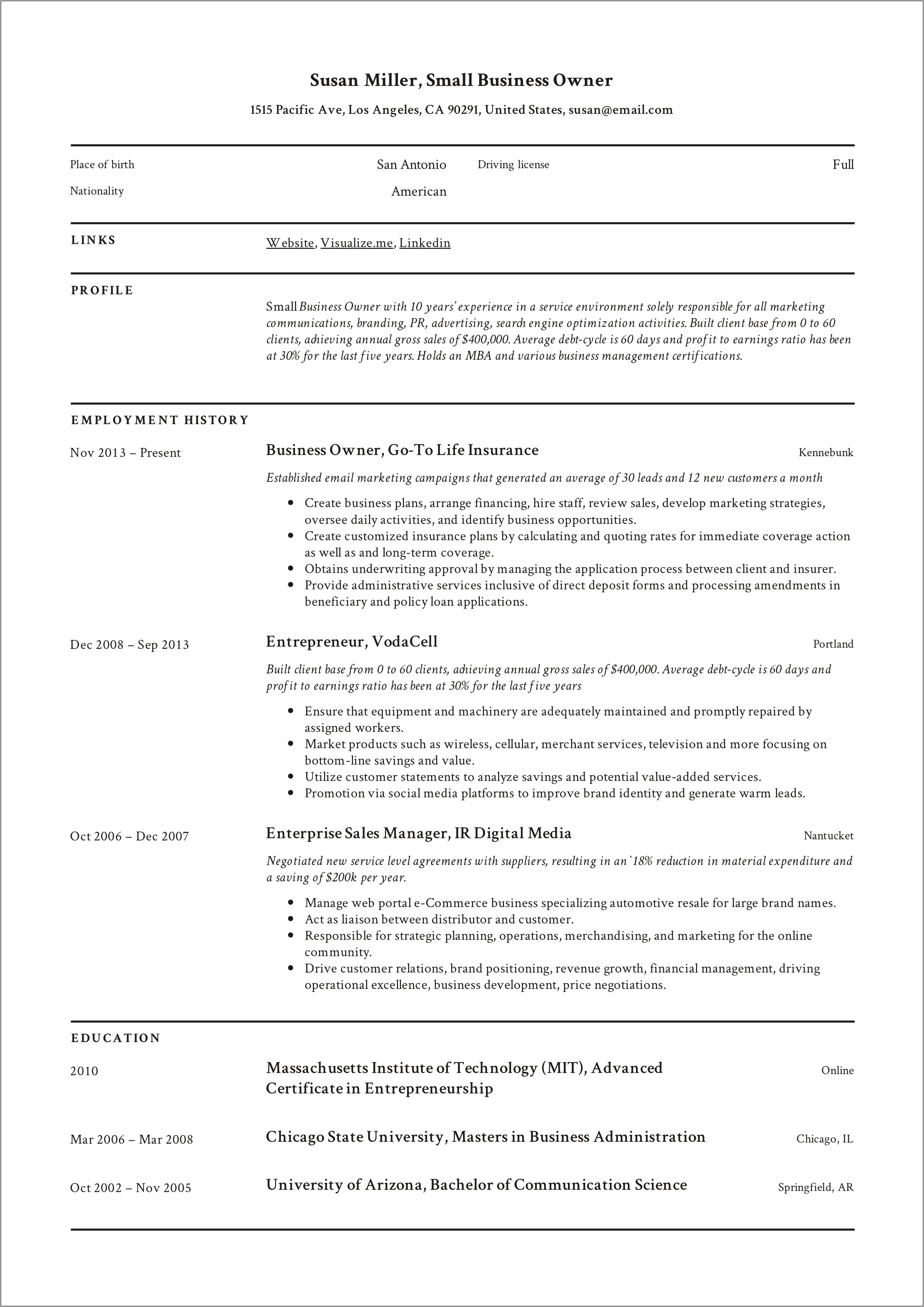Sample Resume Cleaning Company Owner