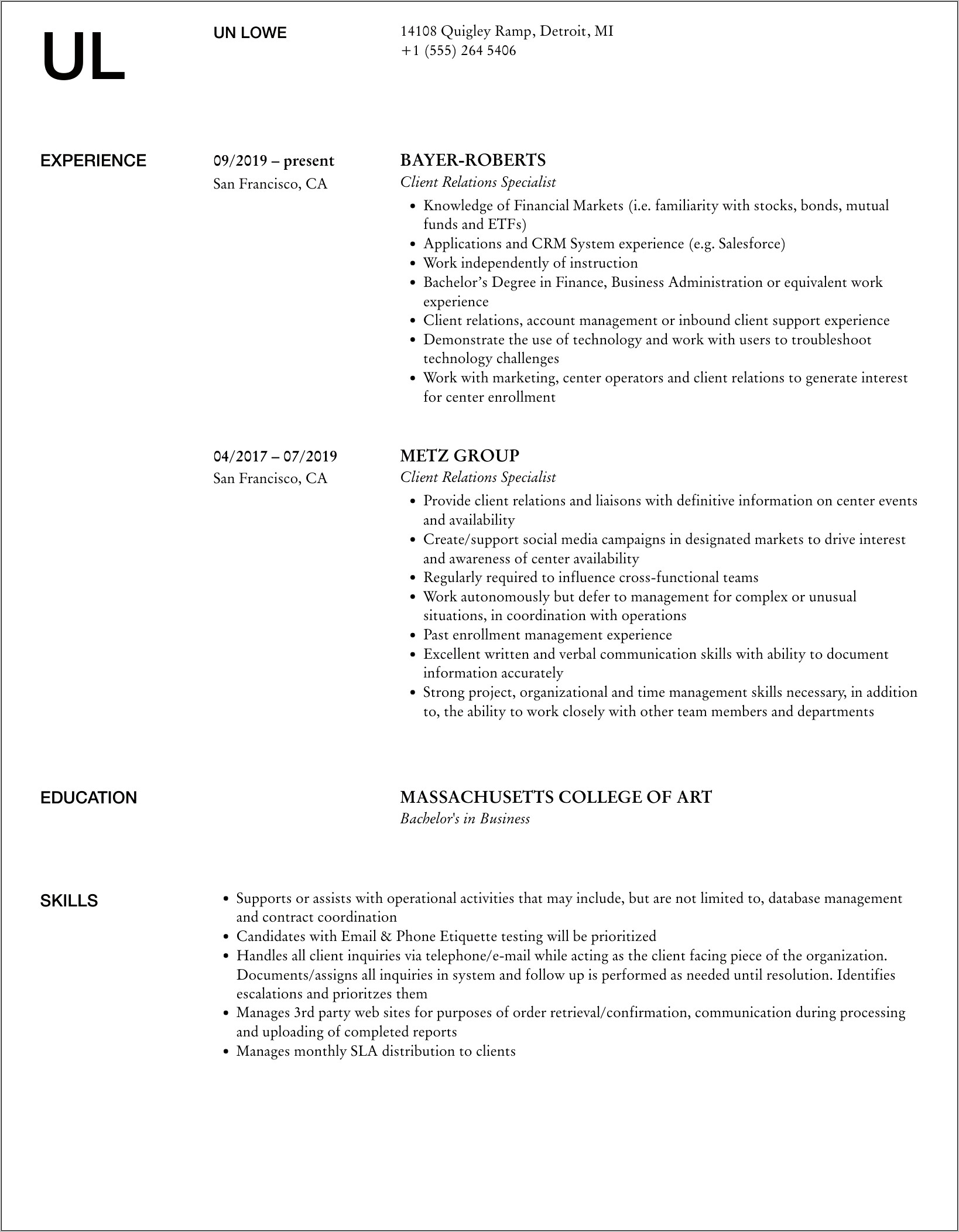 Sample Resume Client Relations Specialist