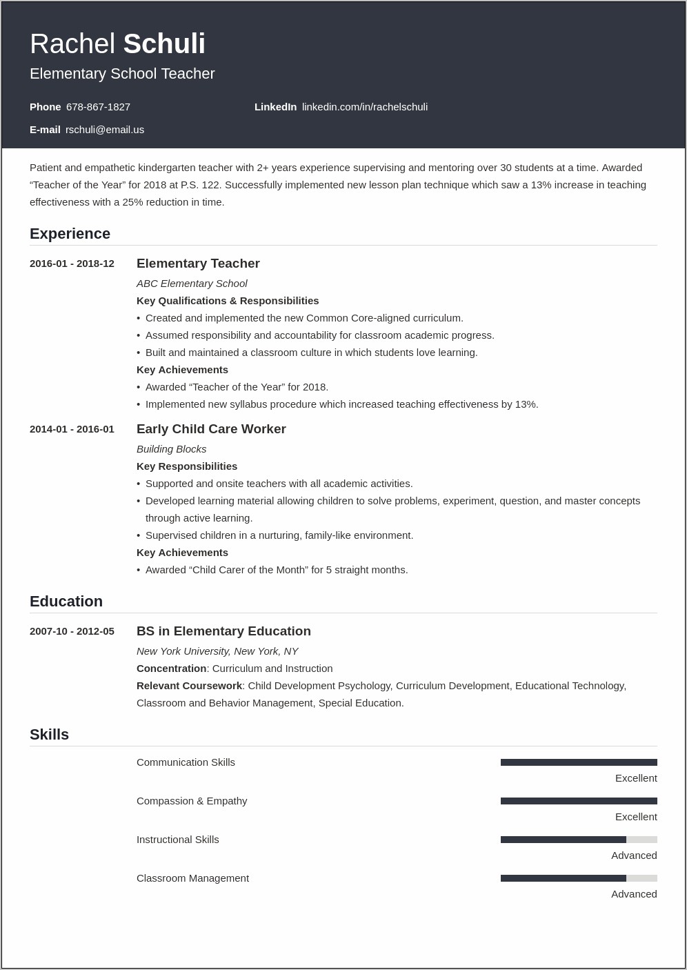 Sample Resume Elementary Teaching Position