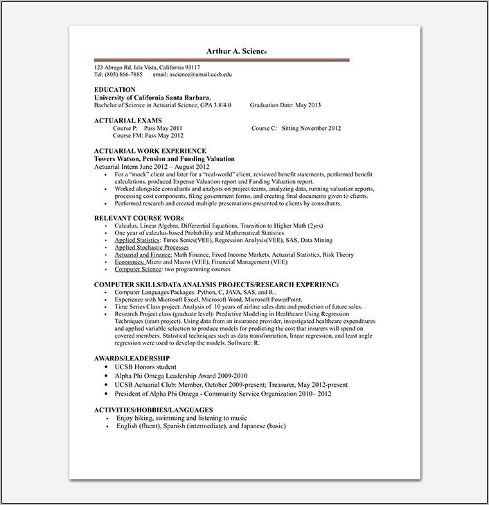 Sample Resume For Actuarial Jobs