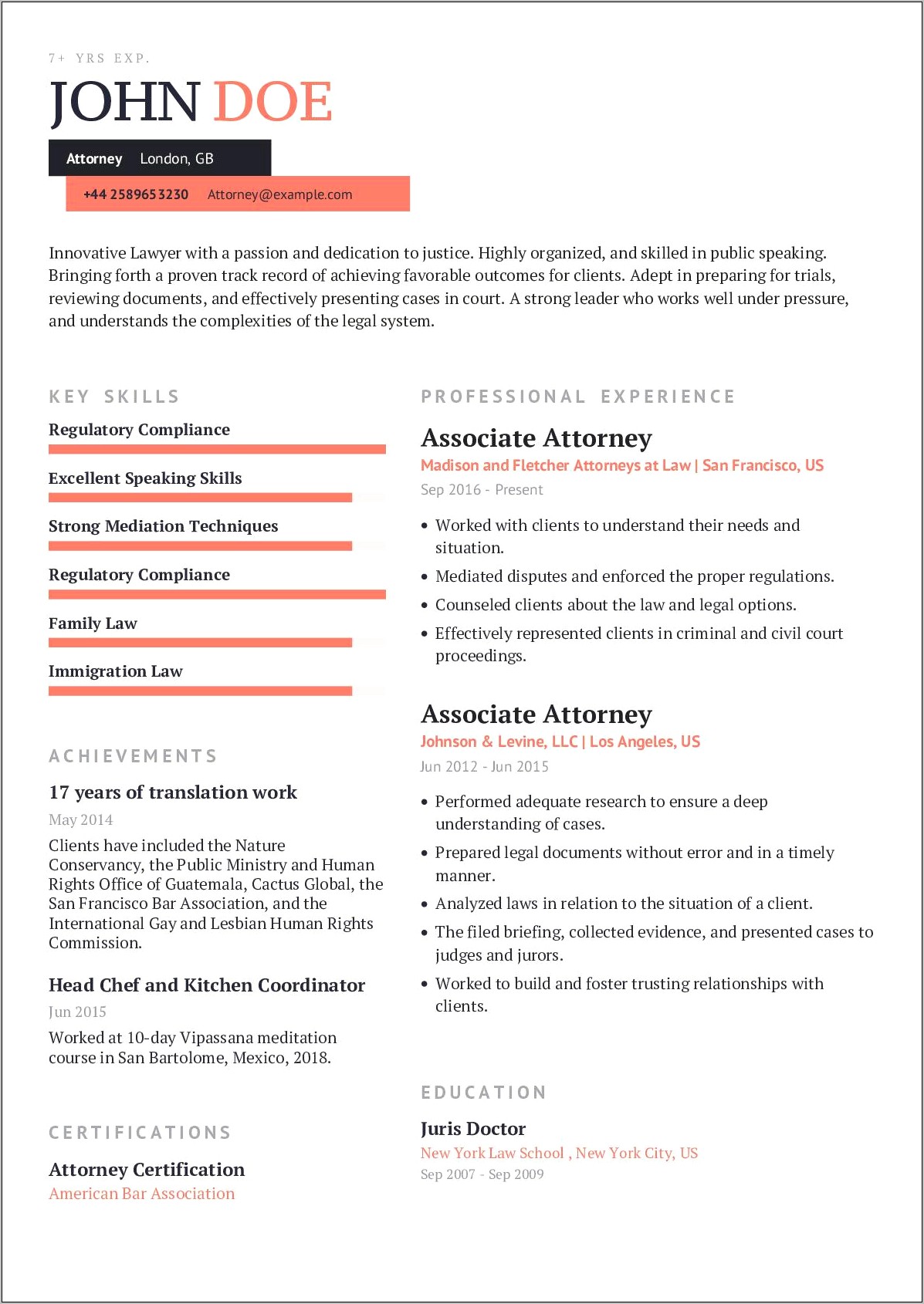 Sample Resume For An Attorney
