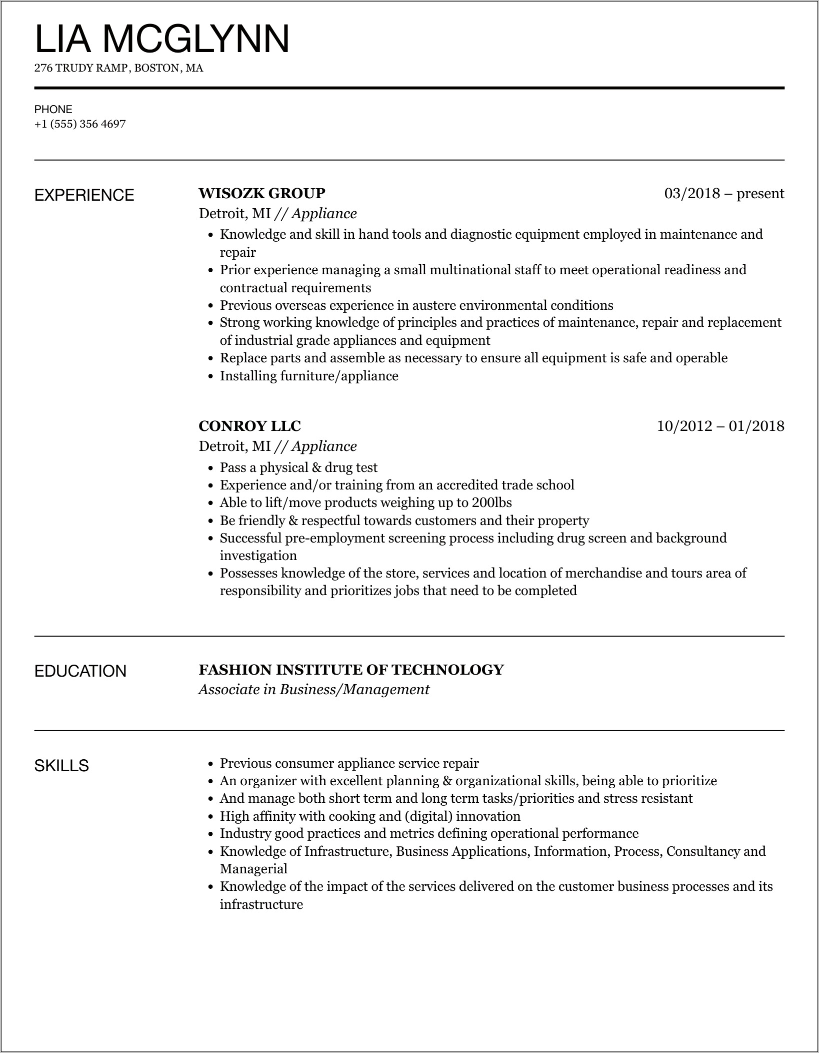 Sample Resume For Appliance Technician