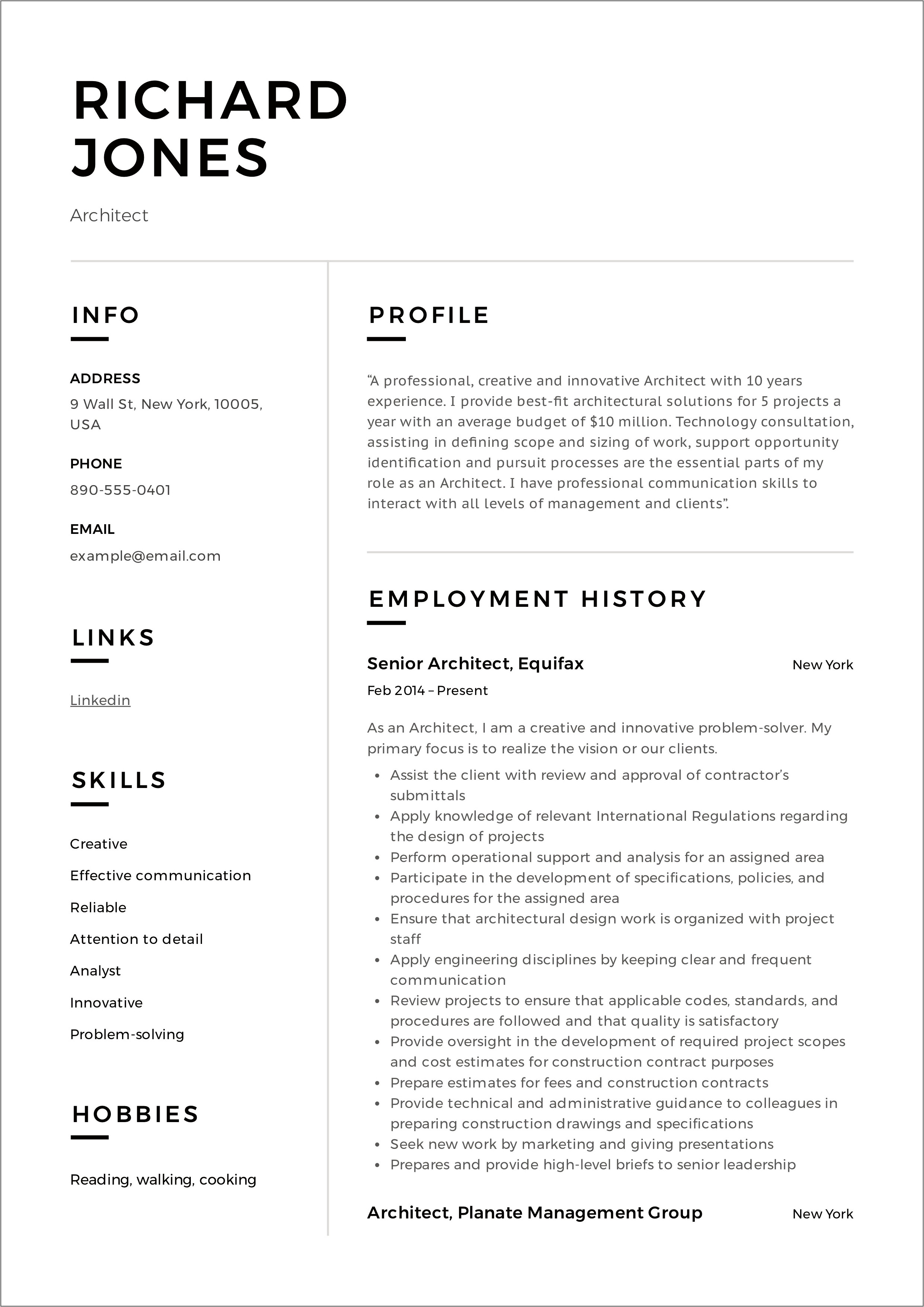 Sample Resume For Architect Freshers