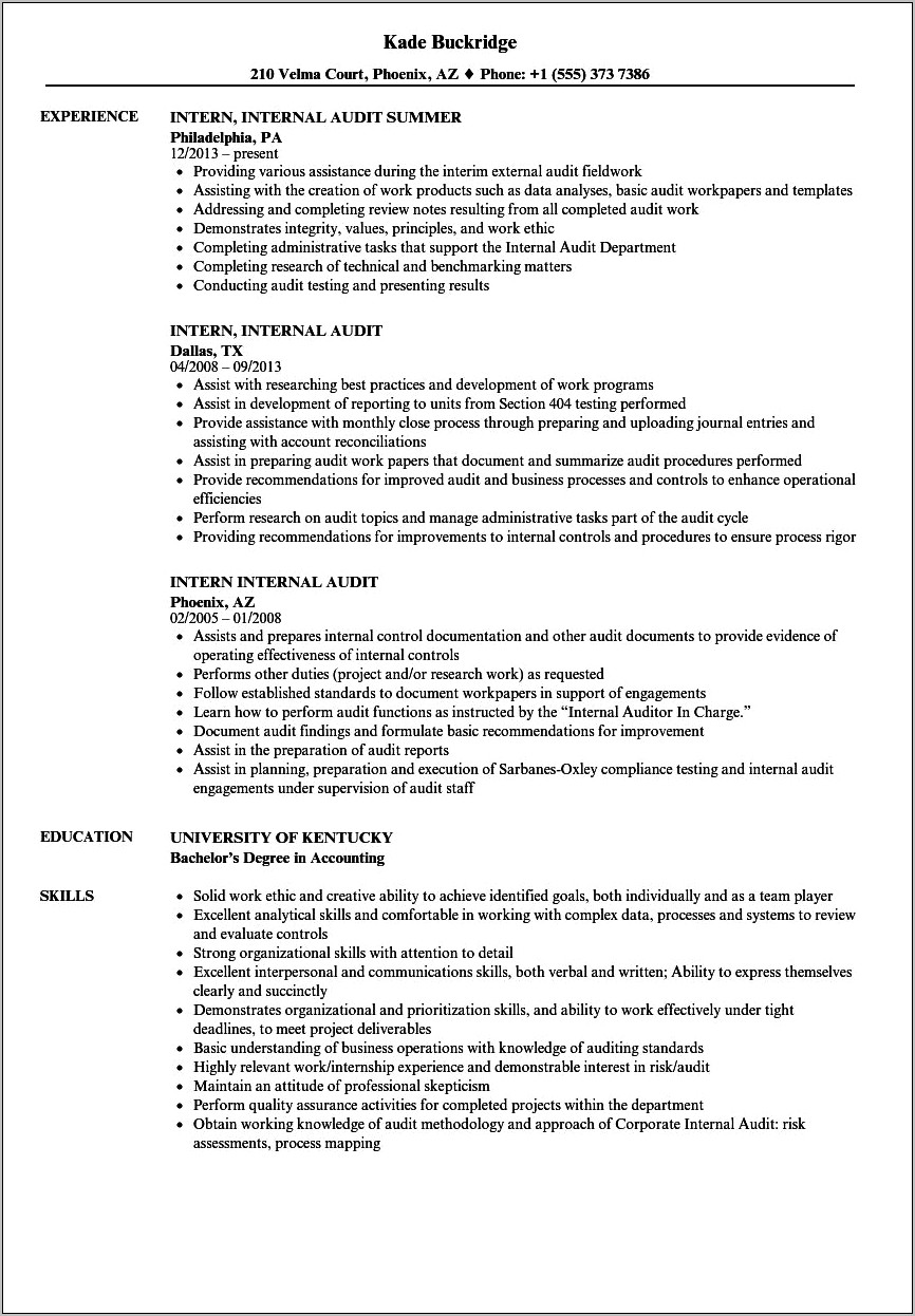 Sample Resume For Audit Internship
