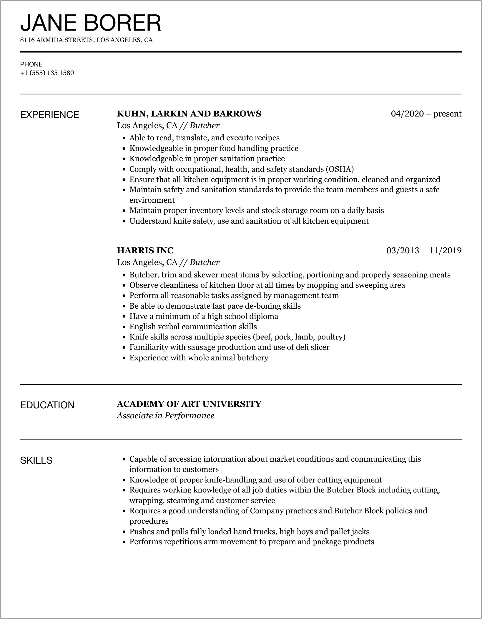 Sample Resume For Butcher Job