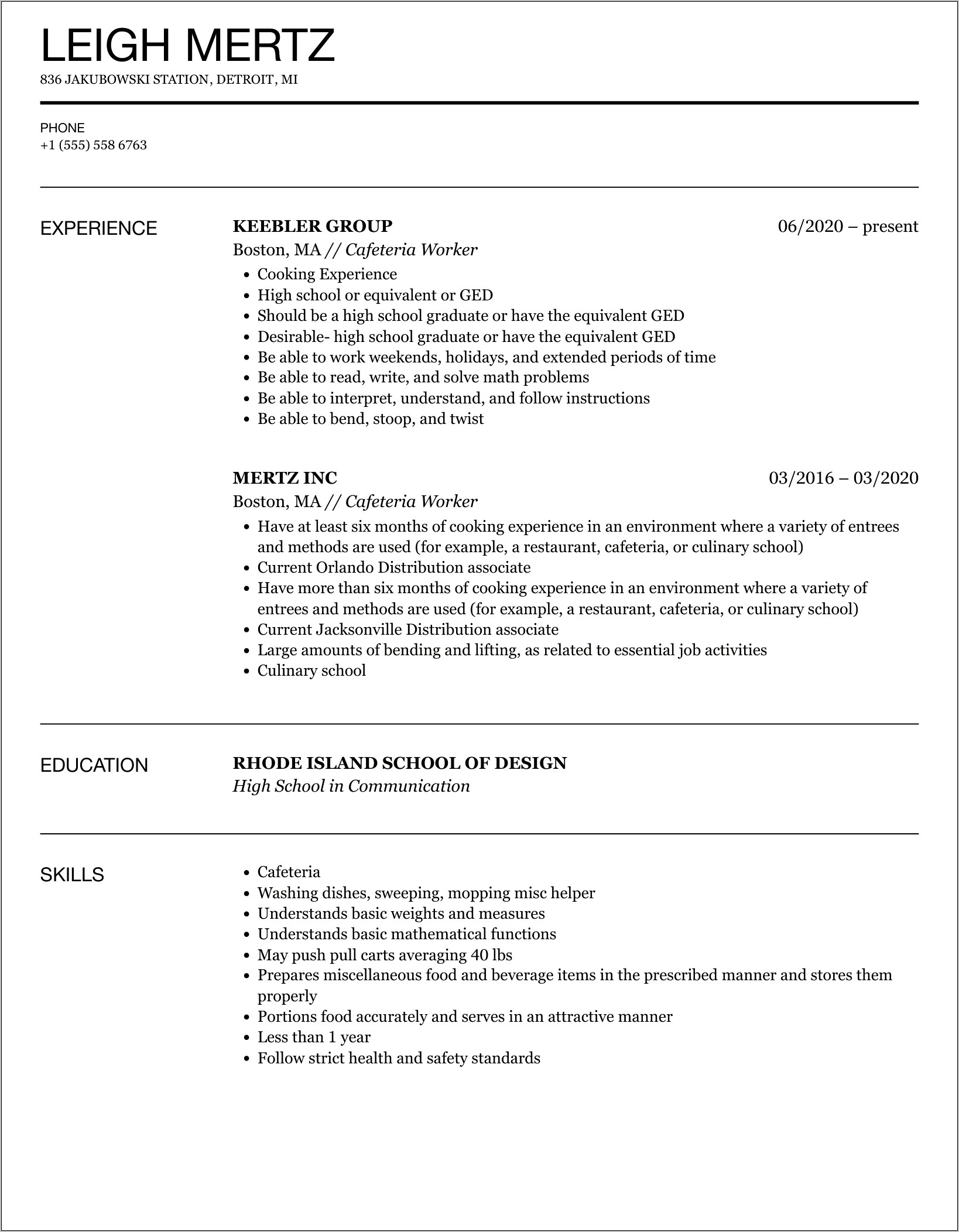 Sample Resume For Cafeteria Worker
