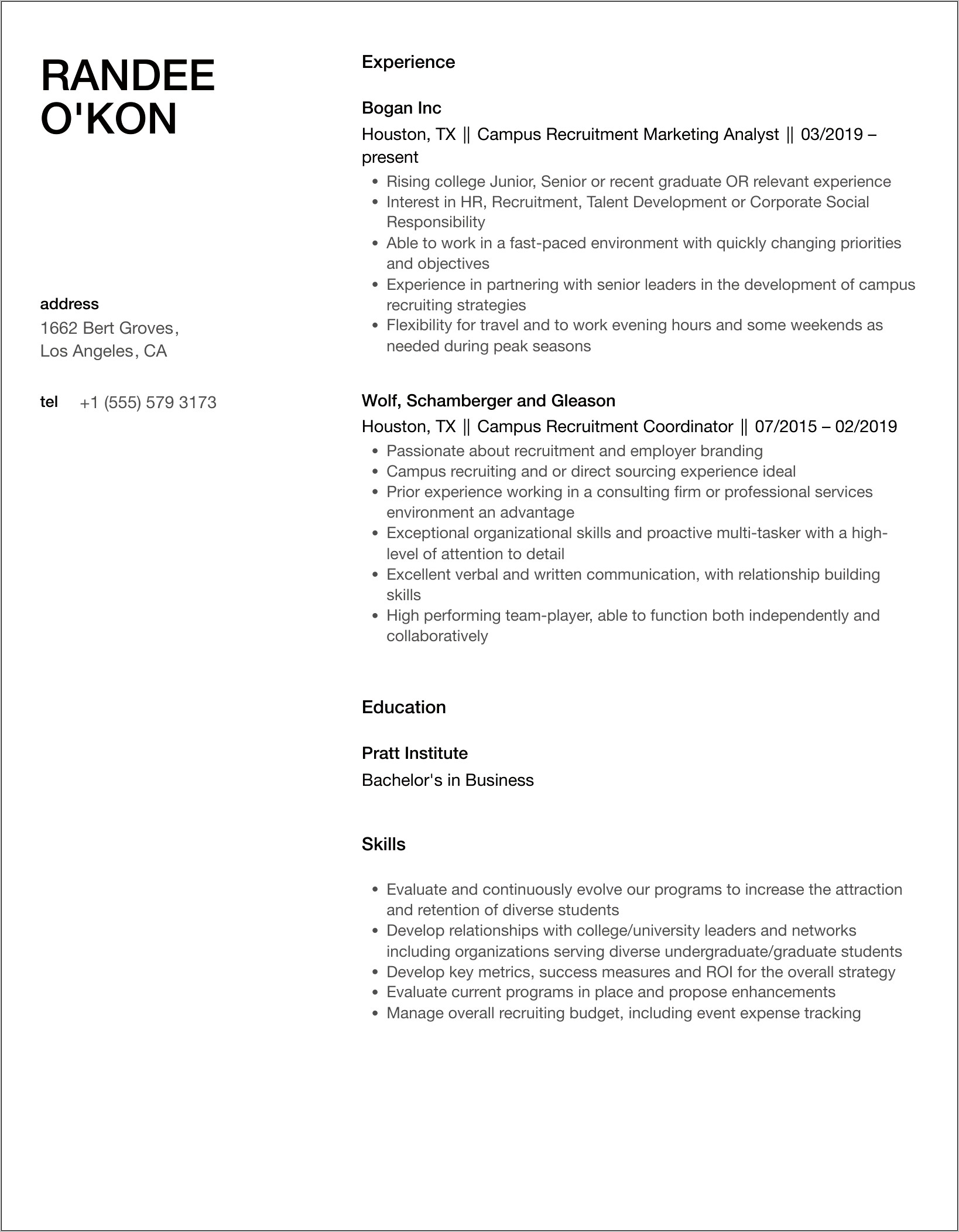 Sample Resume For Campus Interview