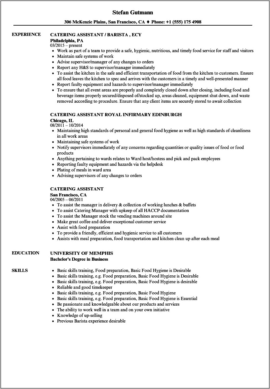 Sample Resume For Canteen Assistant