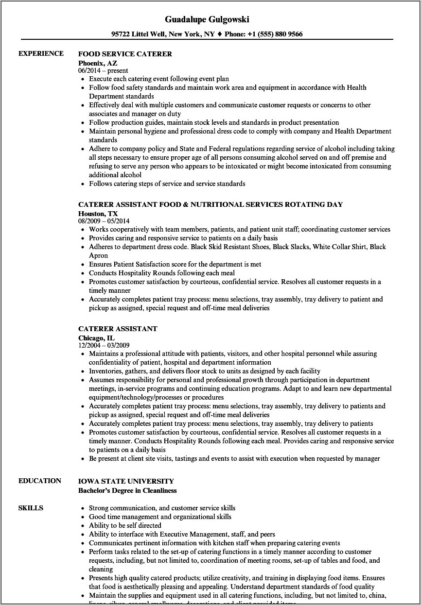 Sample Resume For Catering Services