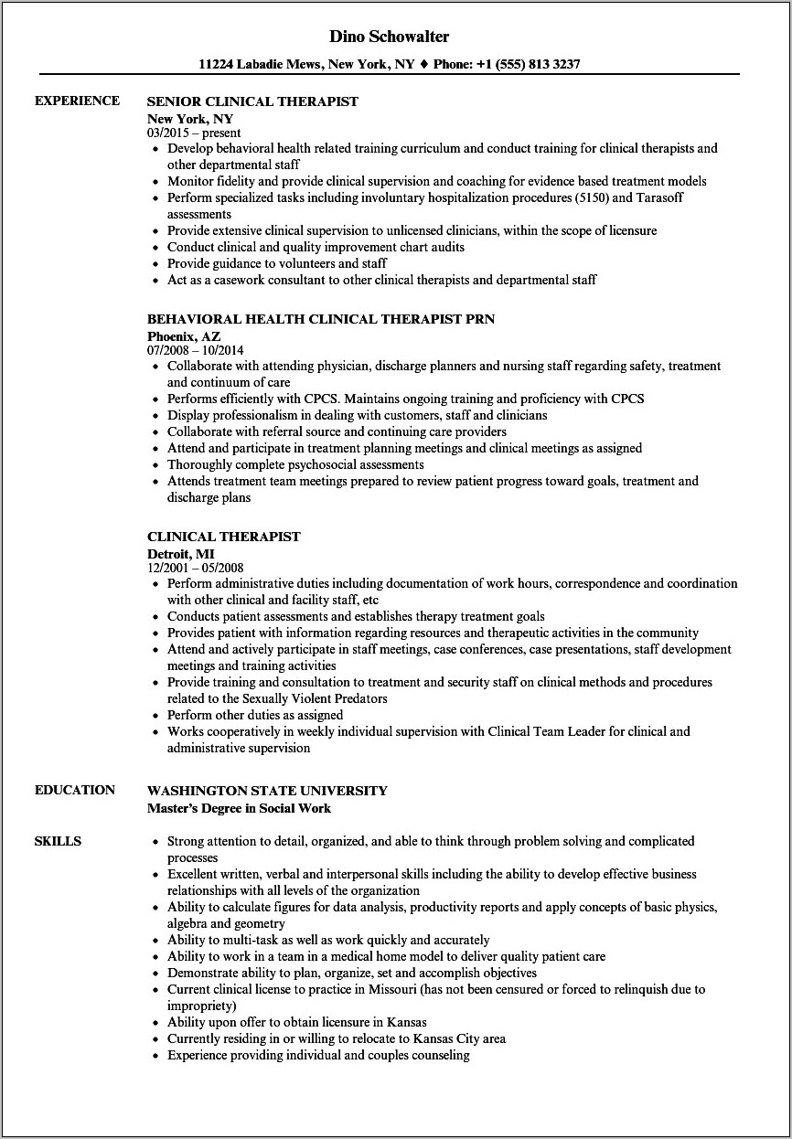 Sample Resume For Clinical Counselor
