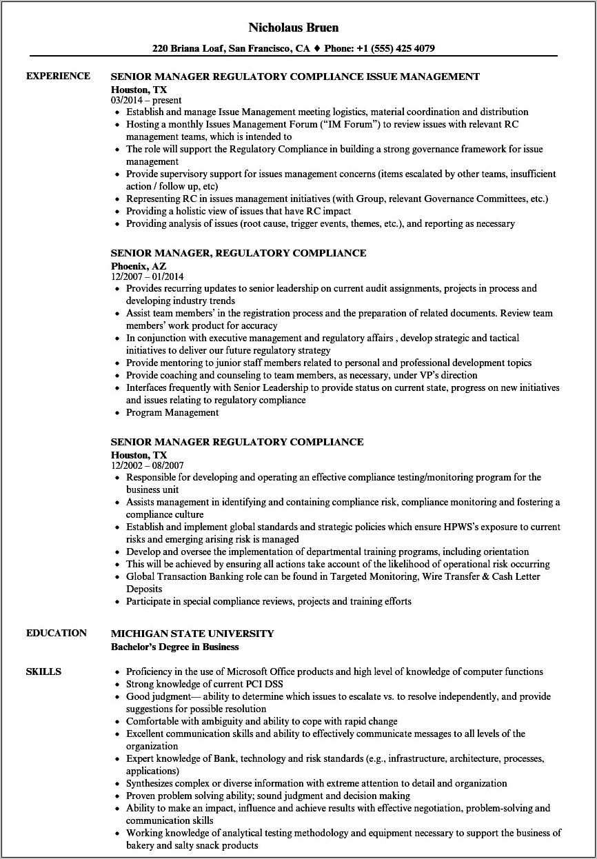 Sample Resume For Compliance Executive