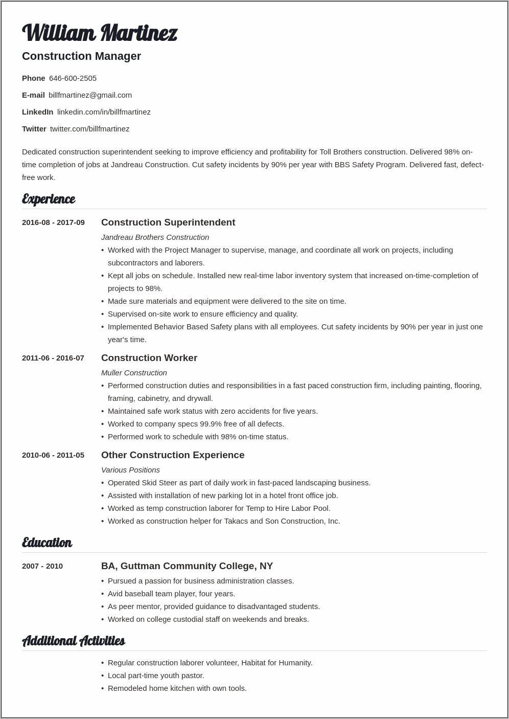 Sample Resume For Construction Contractor