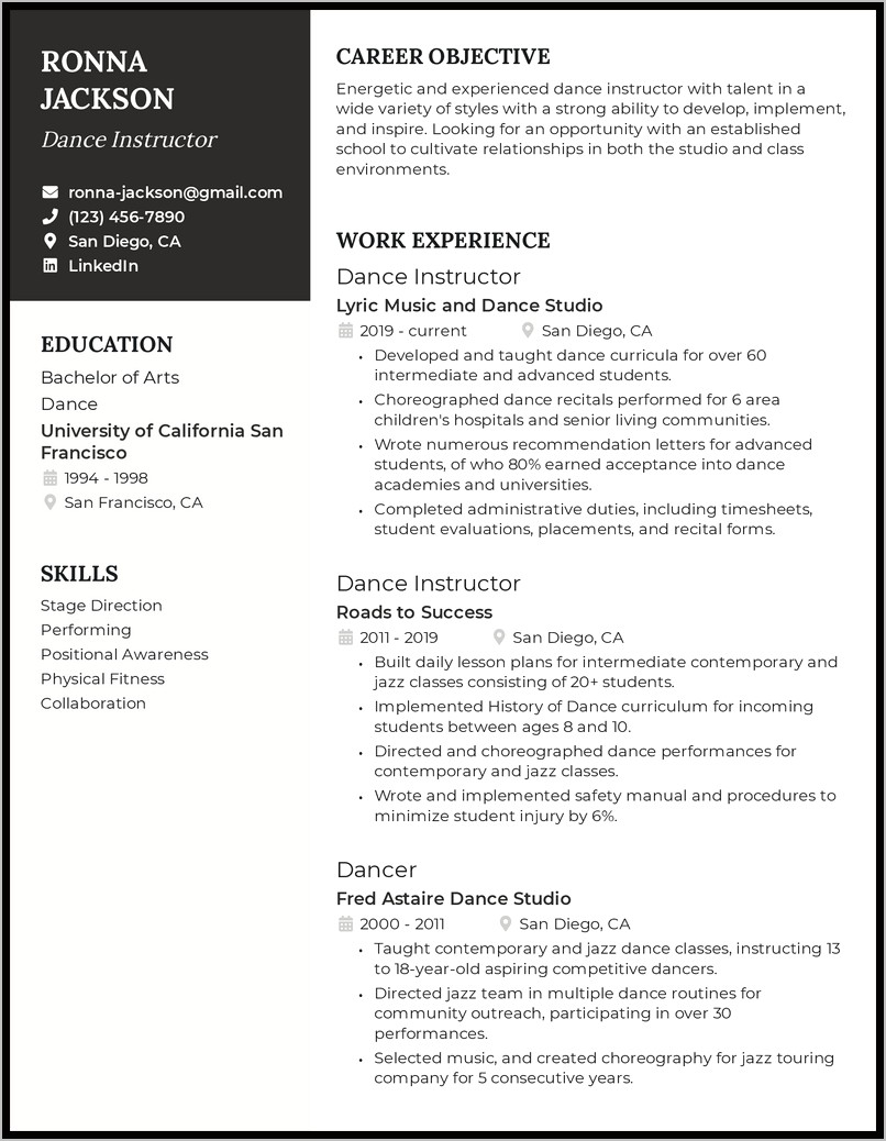 Sample Resume For Dance Team