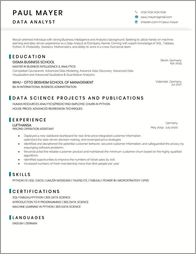 Sample Resume For Data Analysts