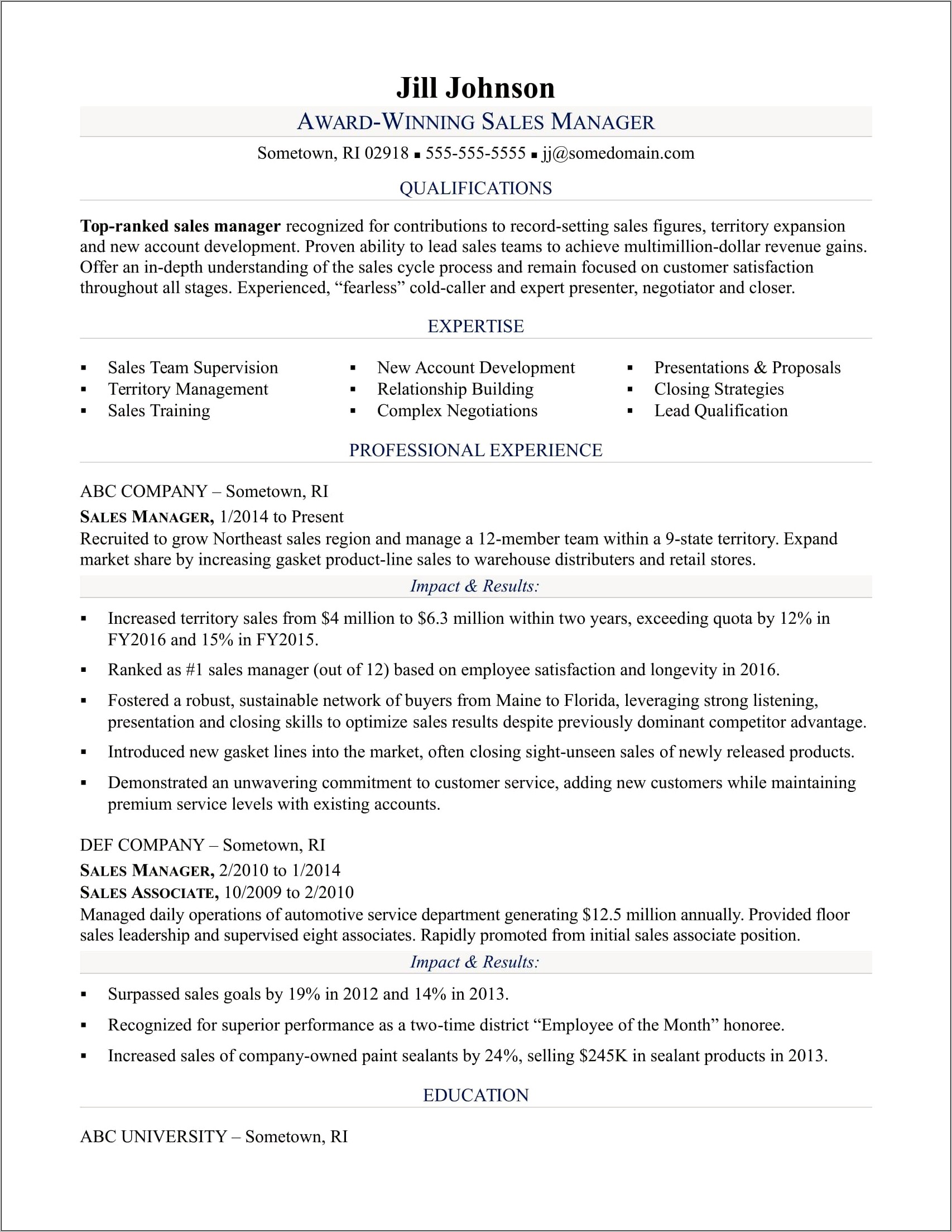 Sample Resume For Department Head