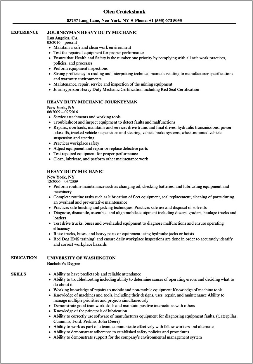 Sample Resume For Diesel Technician