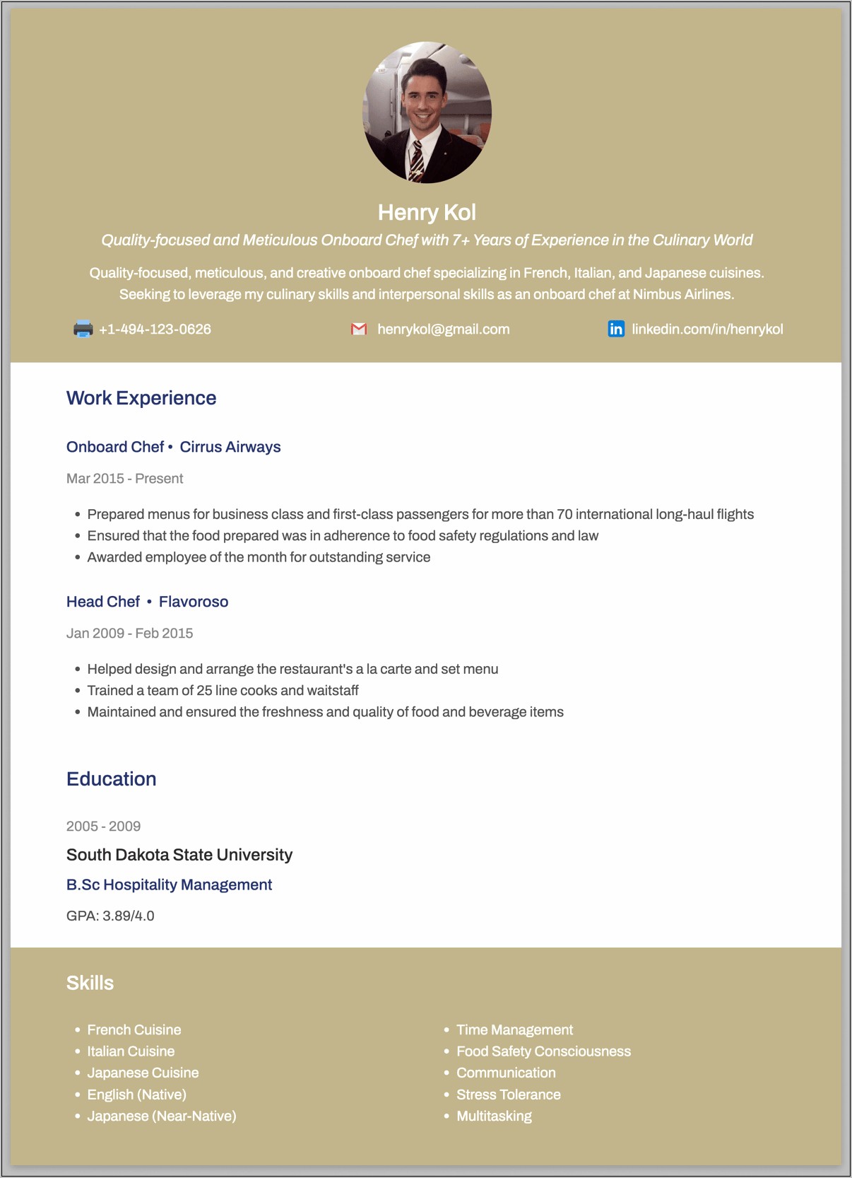 Sample Resume For Dining Crew