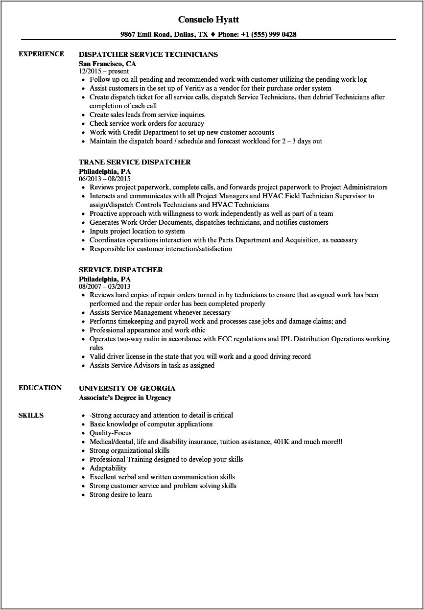 Sample Resume For Dispatcher Plumbing