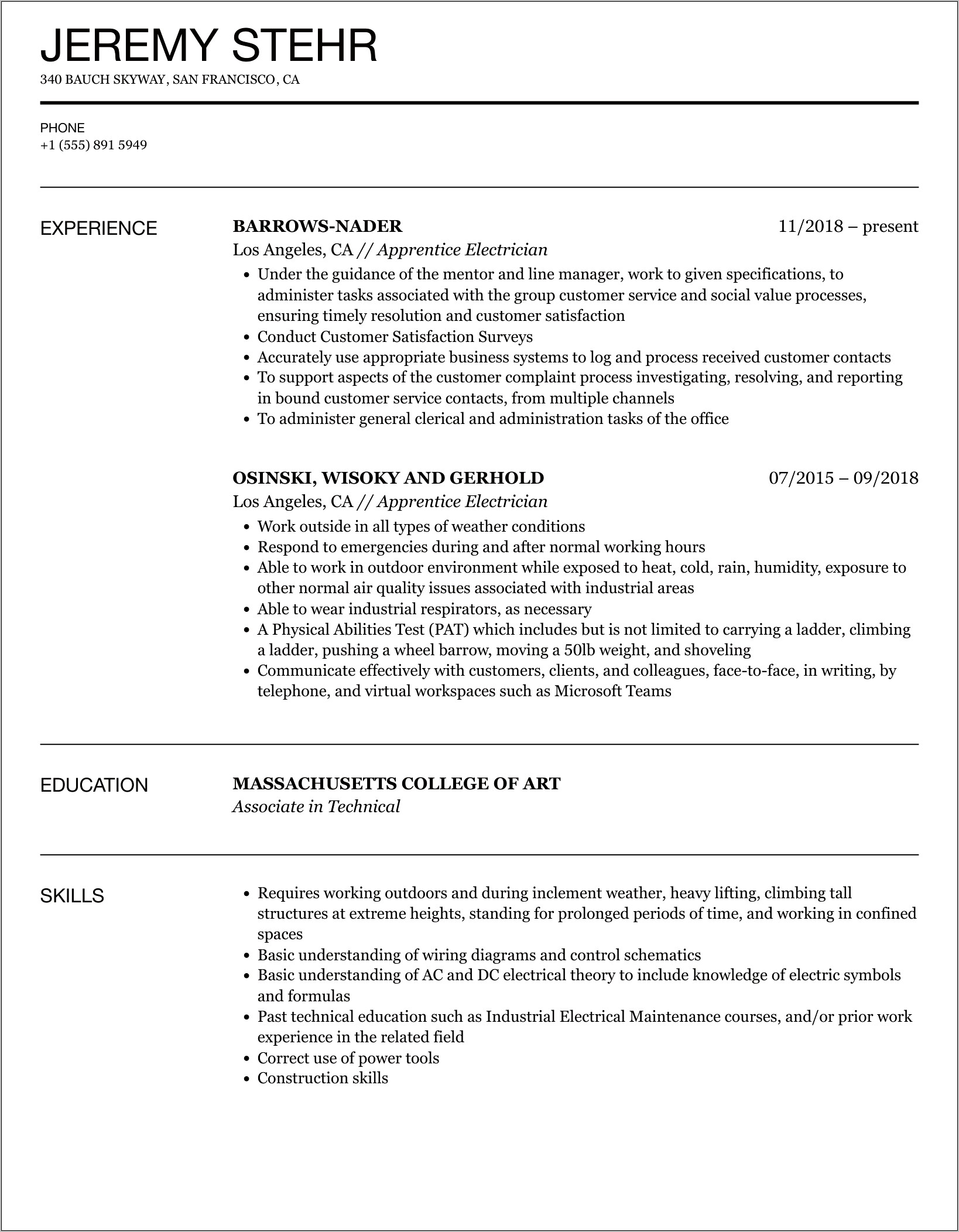 Sample Resume For Electrician Journeyman