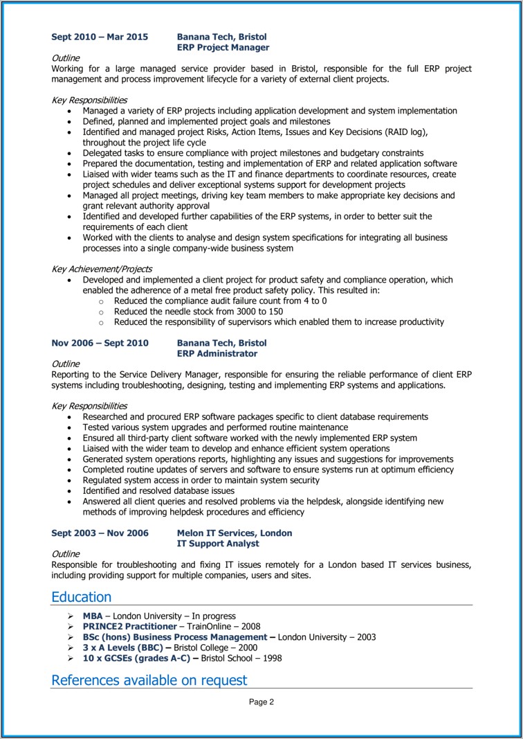 Sample Resume For Erp Manager