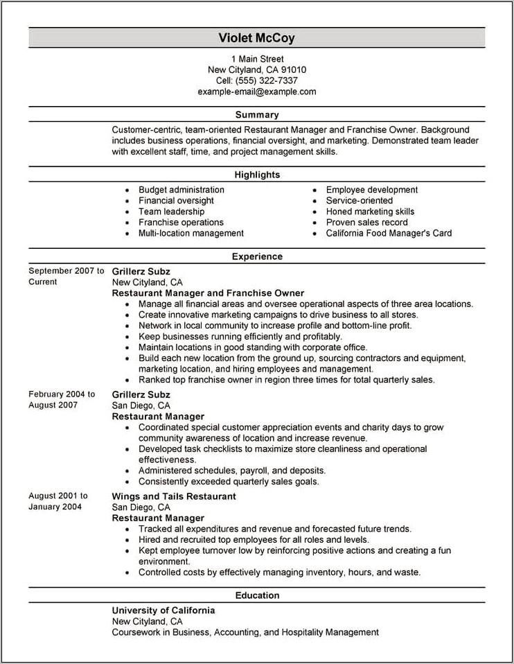 Sample Resume For Franchise Owner