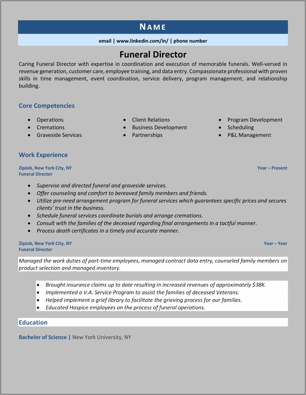 Sample Resume For Funeral Home