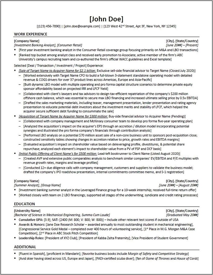 Sample Resume For Goldman Sachs