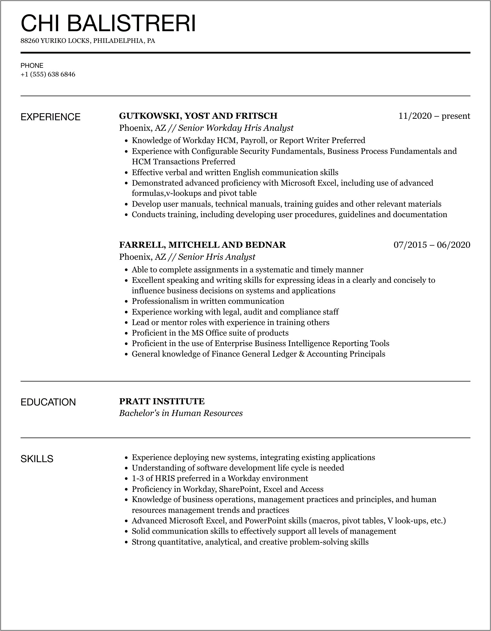 Sample Resume For Hris Manager