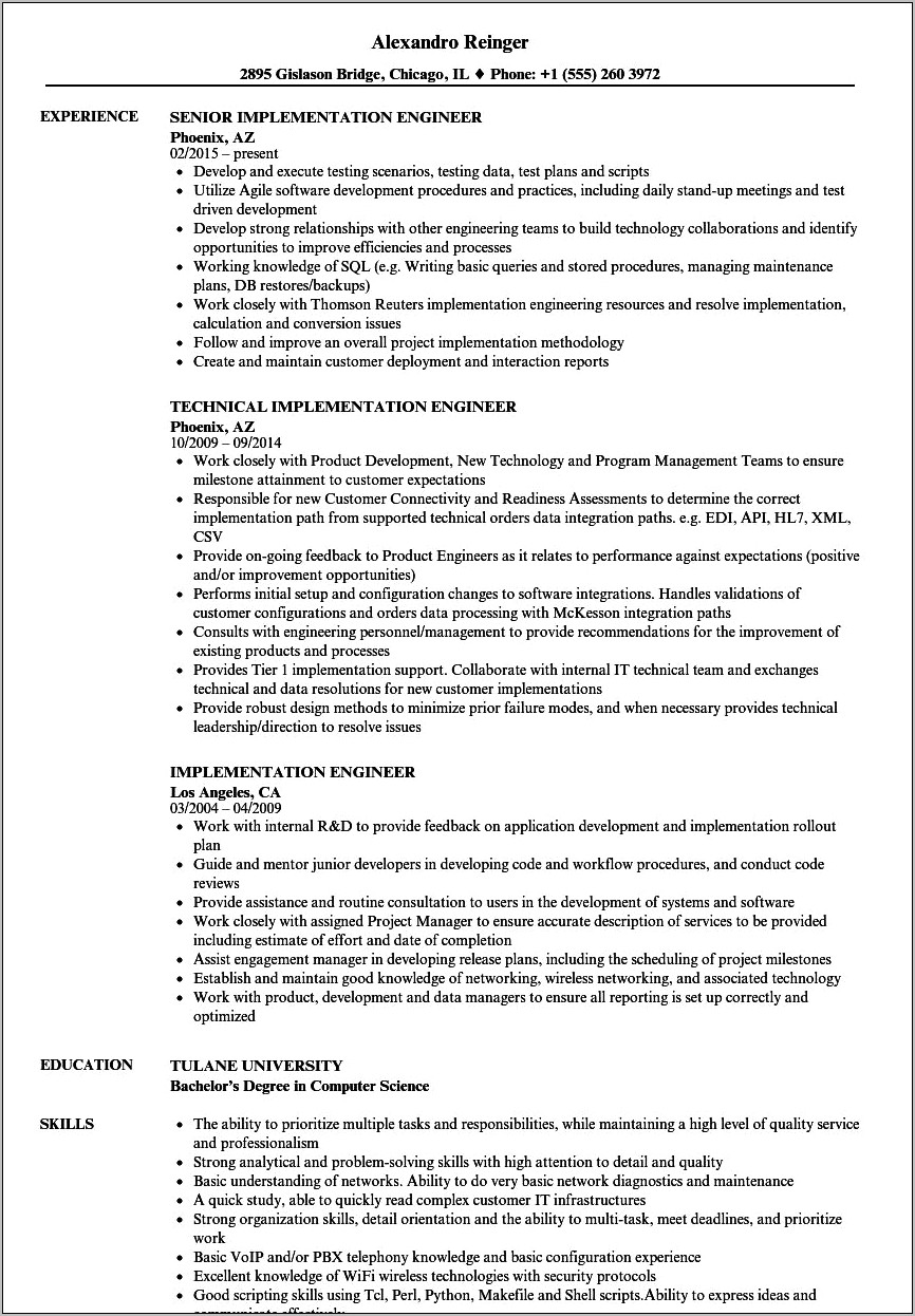 Sample Resume For Implementation Engineer