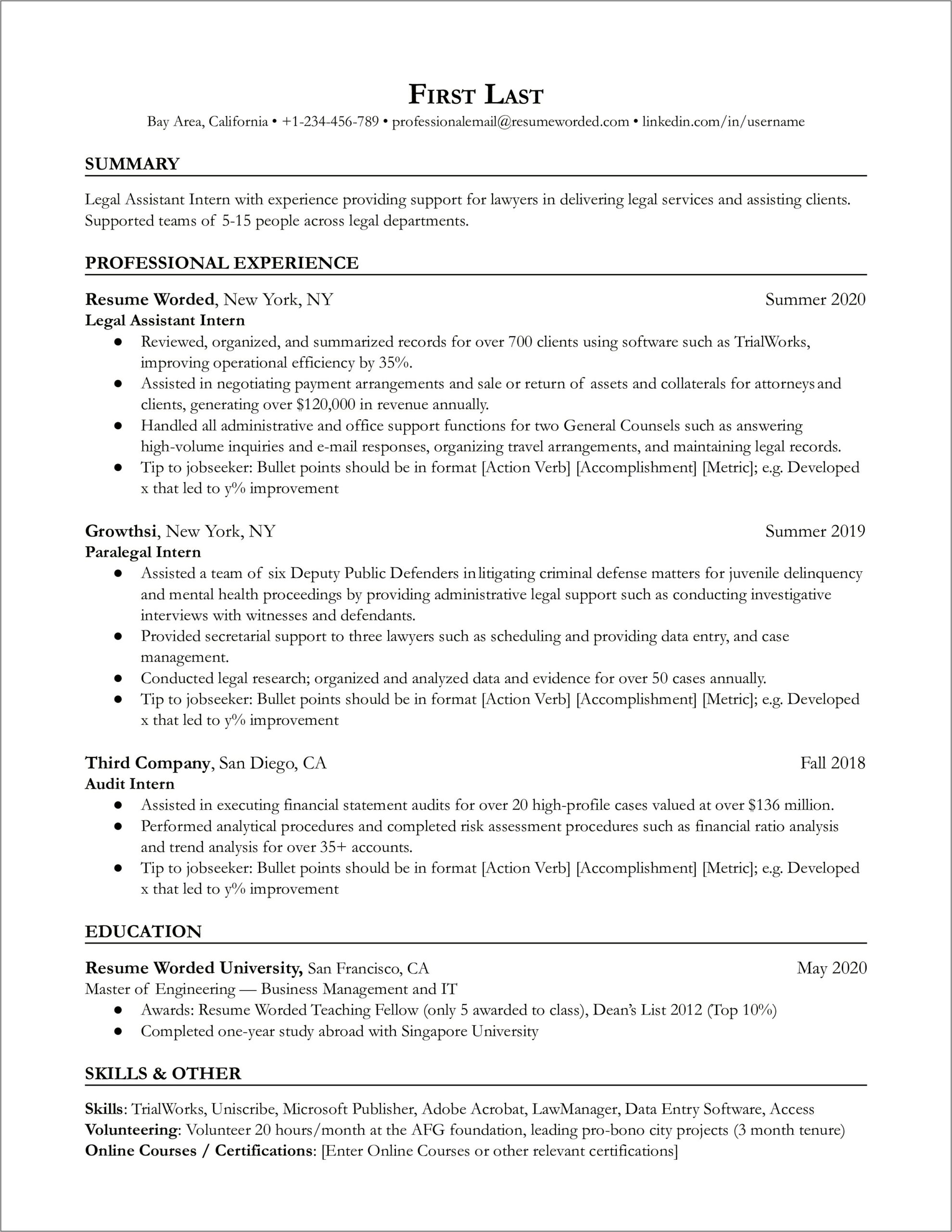 Sample Resume For Law Clerk