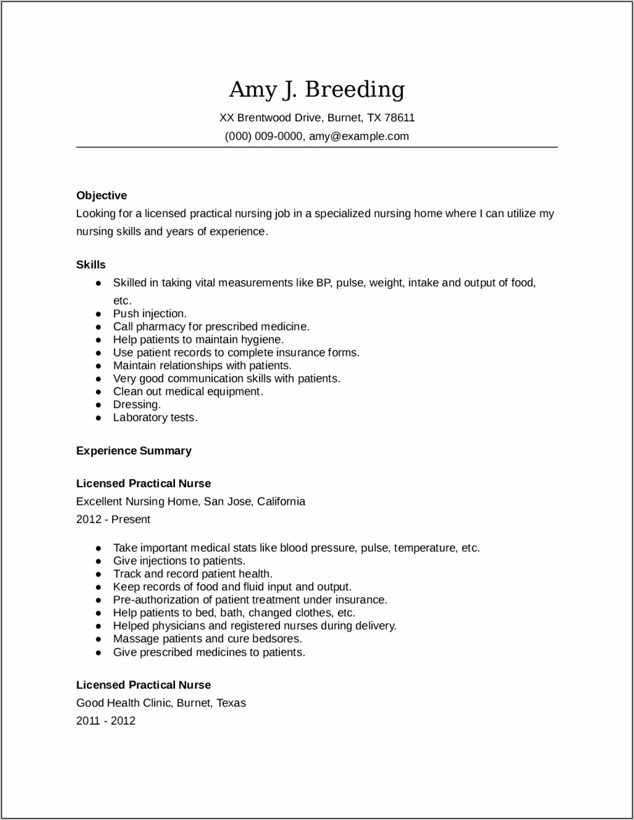 Sample Resume For Lpn Position