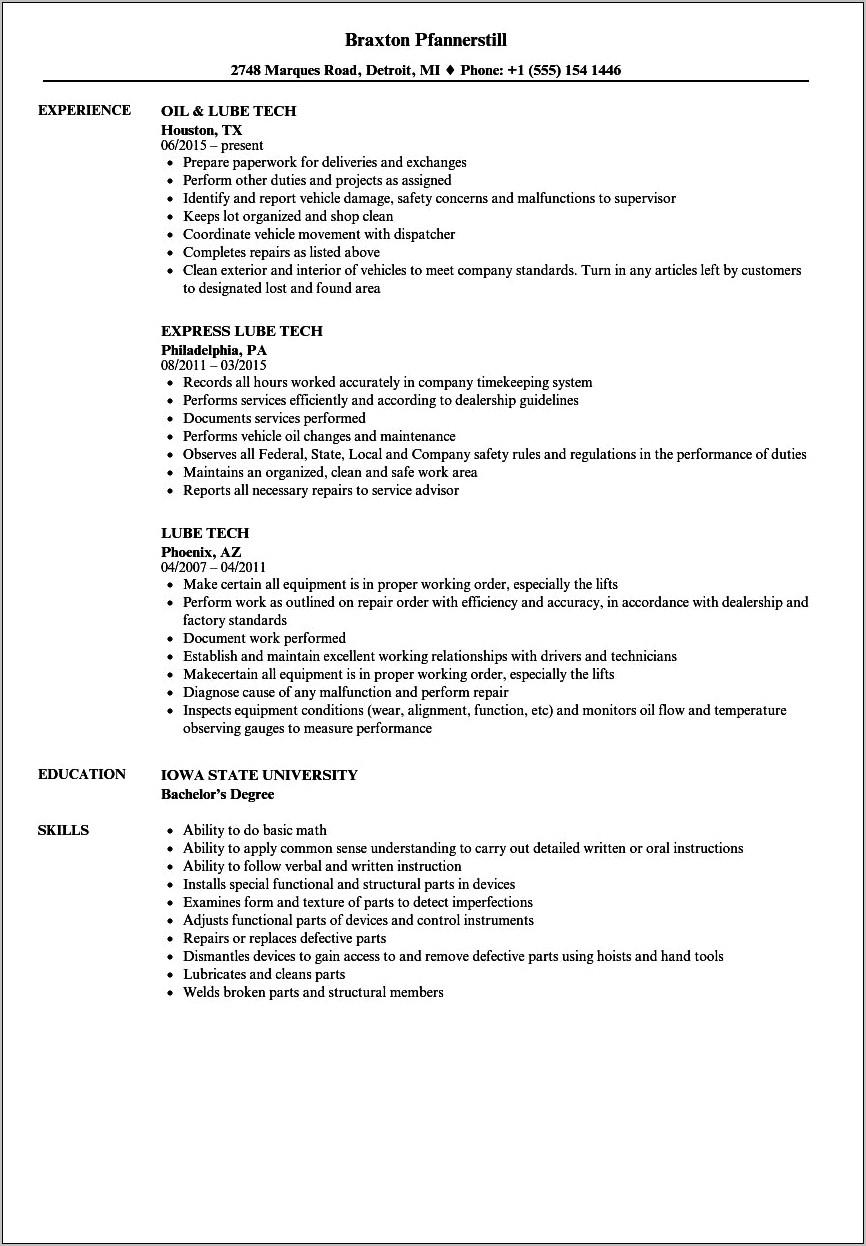 Sample Resume For Lube Technician