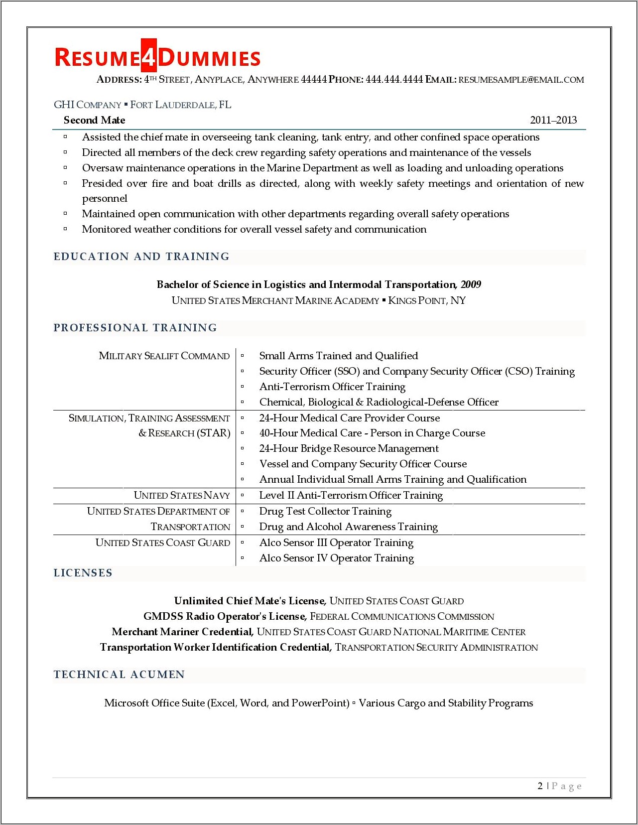 Sample Resume For Maritime Instructor