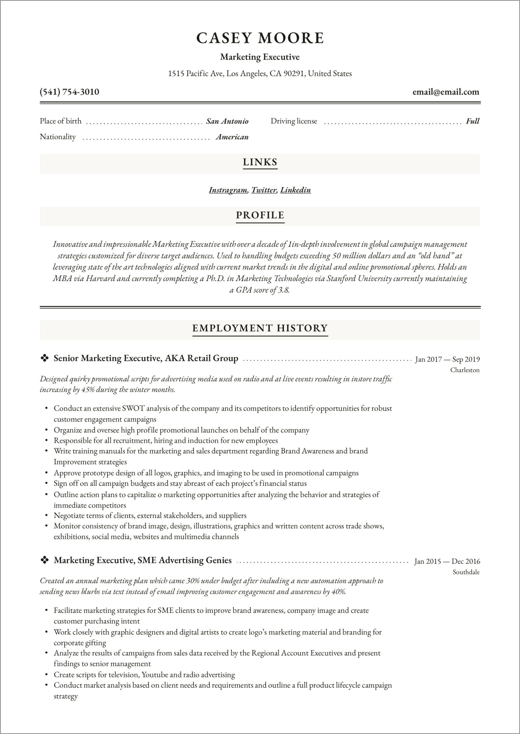 Sample Resume For Marketing Job